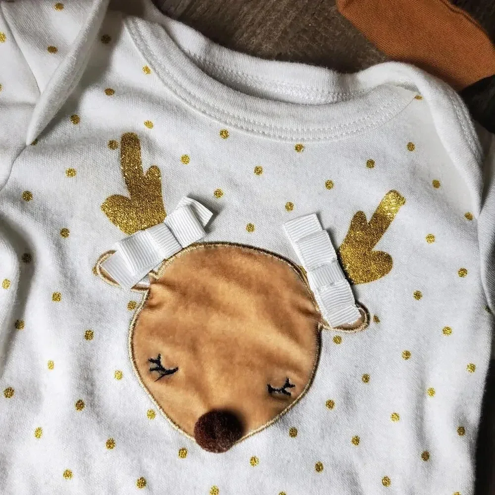 Baby Girl Reindeer Gold Polka Dot Outfit with Headband Size 3-6M